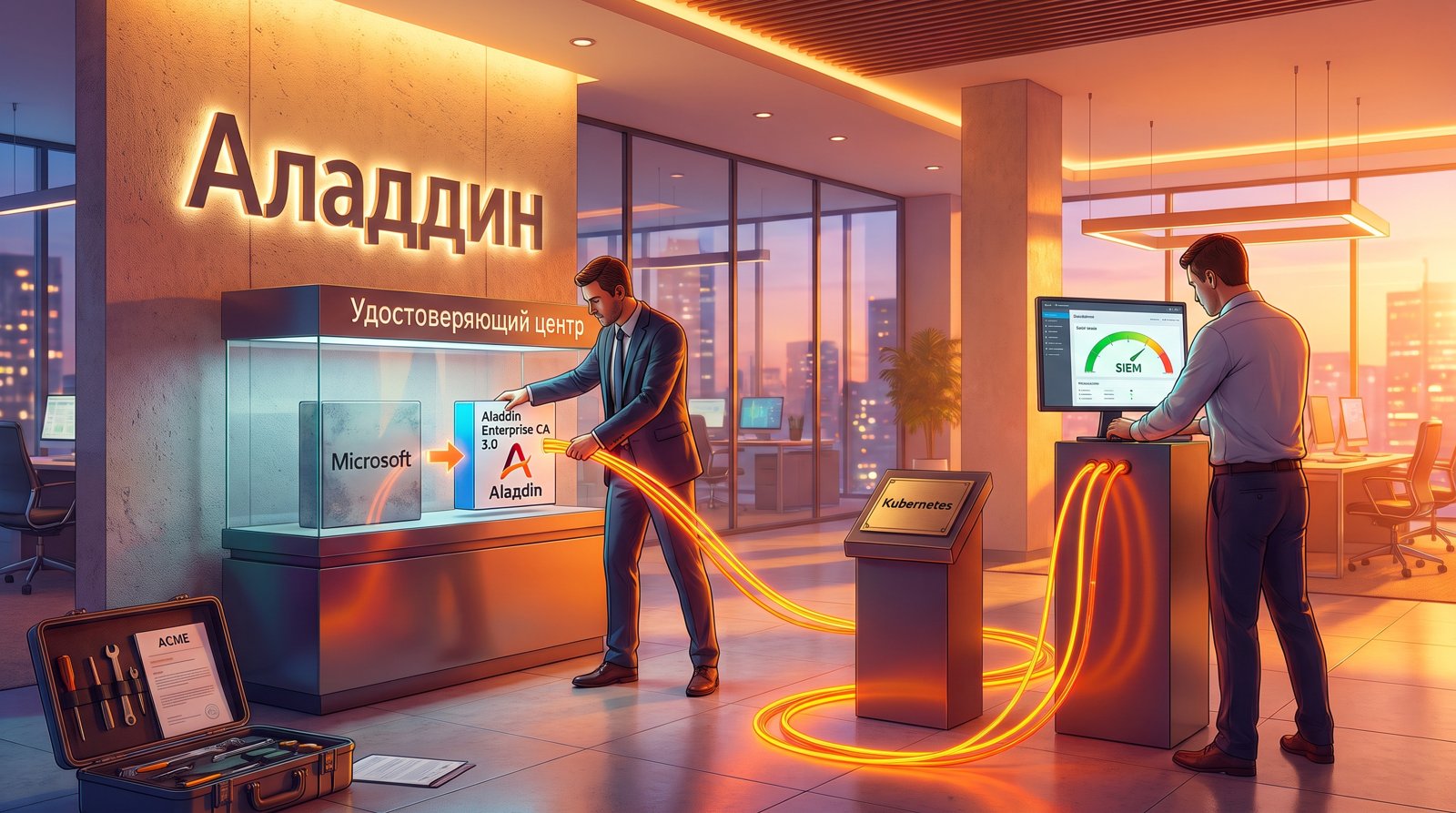 Инженер меняет блок Microsoft CA на Aladdin Enterprise CA 3.0 в удостоверяющем центре с подключением к Kubernetes и SIEM