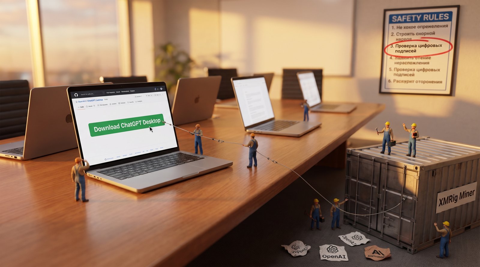 Вредоносная установка клиента ChatGPT через GitHub с использованием подписанных файлов OpenAI и скрытой загрузкой майнера XMRig в корпоративной среде