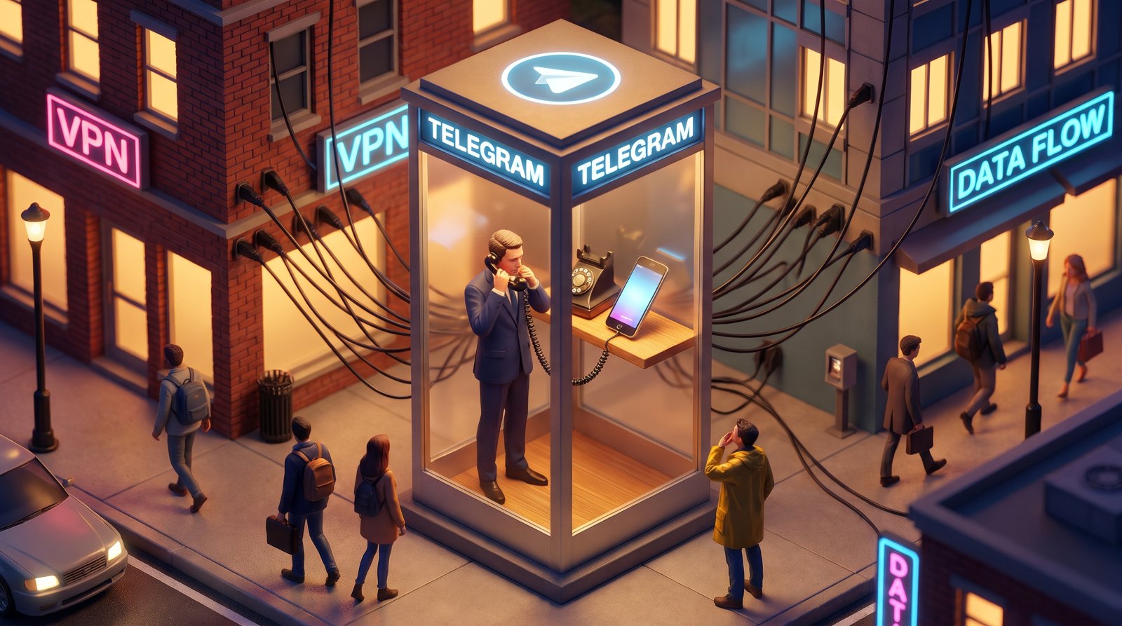 Стеклянная телефонная будка с логотипом Telegram, к которой тянутся провода, символизирующие уязвимость удалённого выполнения кода через голосовой вызов на Android.