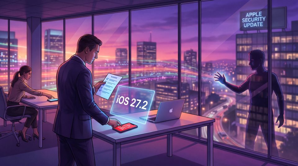 Сотрудник проверяет обновление iOS 27.2 на iPhone, рядом ноутбук Apple и список исправлений уязвимостей