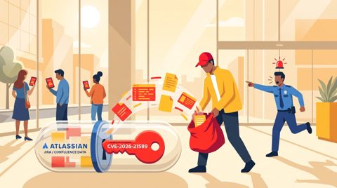 Злоумышленник похищает данные Jira и Confluence через уязвимость CVE-2026-21589 в Atlassian, пока охранник пытается его остановить