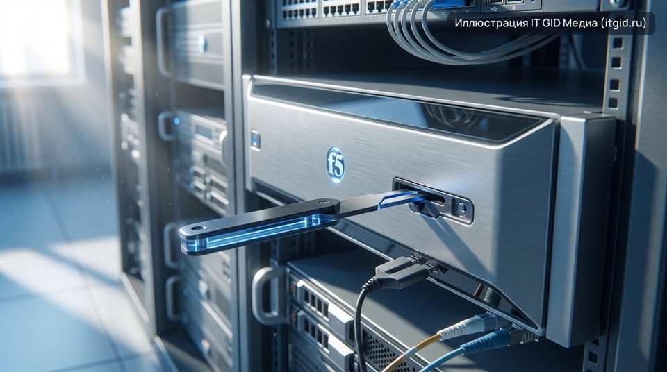 Сервер F5 BIG-IP в стойке с открытой панелью, через которую злоумышленники эксплуатируют критическую уязвимость APM для удалённого выполнения кода