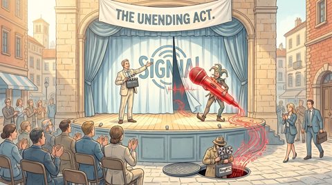 Фонограф с логотипом Signal на фасаде офиса улавливает разговор через окно после того, как телефонный звонок уже завершён