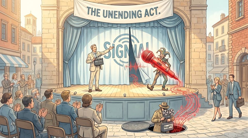 Фонограф с логотипом Signal на фасаде офиса улавливает разговор через окно после того, как телефонный звонок уже завершён