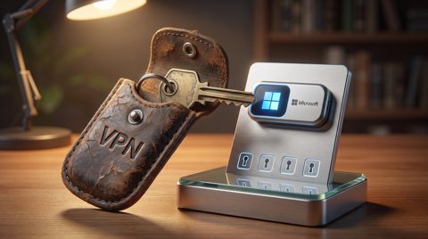 Ключ от старого VPN-чехла вставляют в замок Microsoft Entra Private Access, символизируя отказ от корпоративных VPN