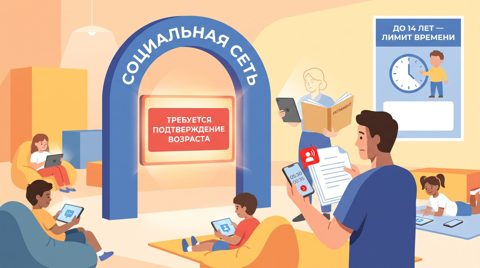 Арка входа в соцсеть с требованием подтверждения возраста, родитель с таймером на детском смартфоне и плакат о лимите времени для несовершеннолетних