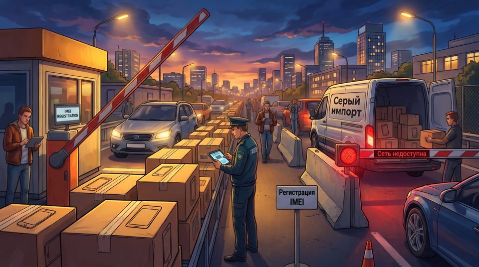Таможенный контроль партии смартфонов, разделение на легальные устройства и серый импорт, табличка «Регистрация IMEI»